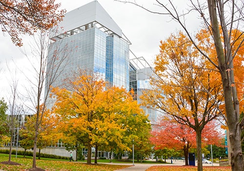 The exterior of the Goodyear Polymer Building on a fall day